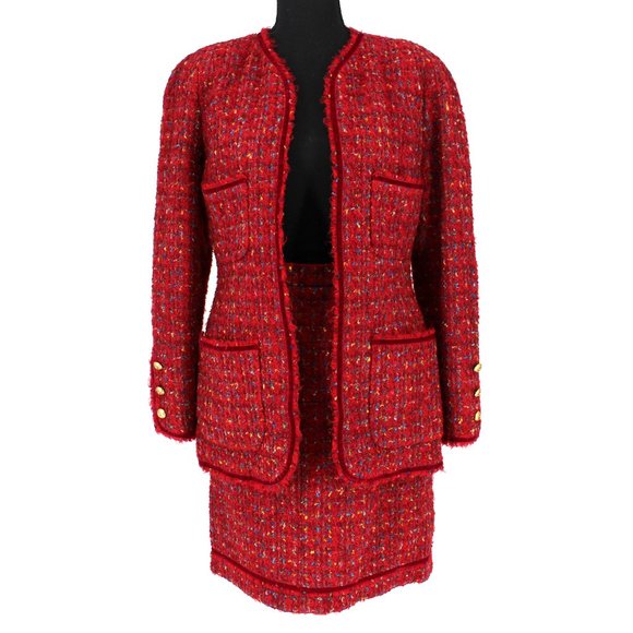 VTG CHANEL Boutique Multicolor Red Tweed Jacket Skirt Wool Mohair 2 PC Set sz 38